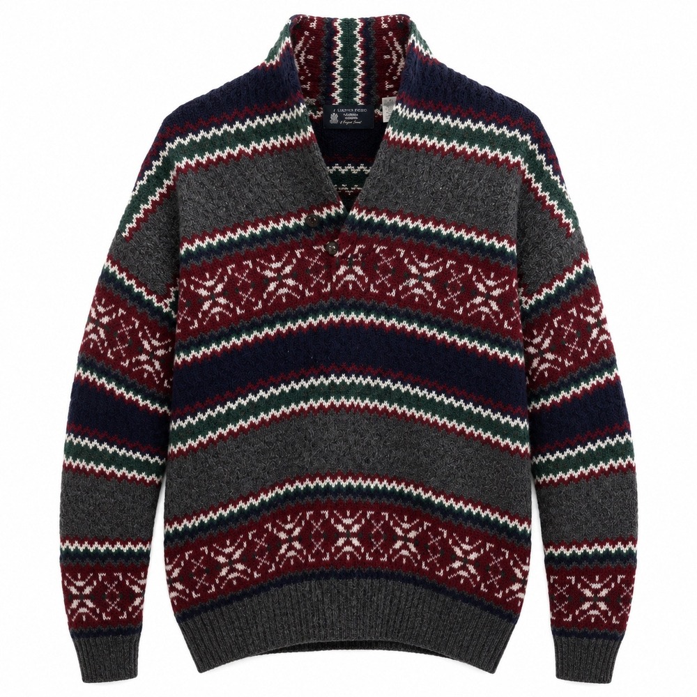 Austin Reed Mens Shetland Wool Fair Isle Sweater Grey Burgundy Button Neck M